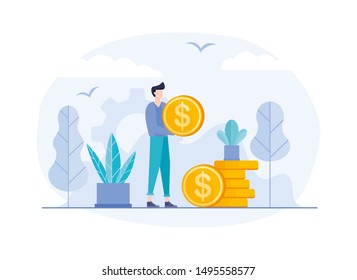 Cartoon Man with Gold Coins Stack. Vector Flat illustration. Business concept.