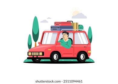 Cartoon of a man in a good mood driving his personal car to travel, Vector illustration.