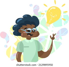 Cartoon man got the idea with light bulb isolated on colorful gradient background