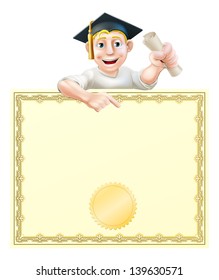 Cartoon man in graduate cap holding a scroll certificate, diploma or other qualification, peeping over a certificate and pointing 