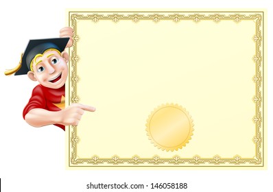Cartoon man in graduate cap peeking round a certificate and pointing at it 