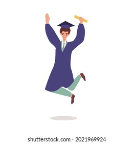 Cartoon Mann in der Graduierung und Robe halten Diplome und Springen - glückliche junge männliche Universitätsabsolventen feiern akademischen Erfolg. Flache einzelne Vektorgrafik.