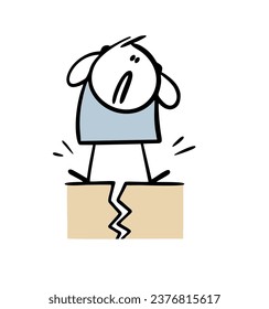 Cartoon man in great panic shouts, looks down at a crack in the ground. Vector illustration of an earthquake and doodle scared stickman. Natural disaster. Funny person isolated on white background.