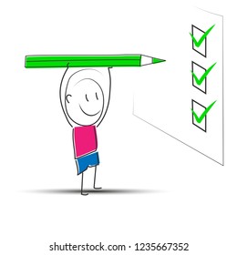 Cartoon man with a green pencil makes notes in the questionnaire.