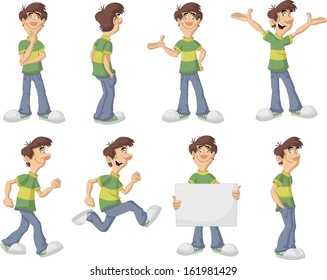 Cartoon man with green shirt on different poses 