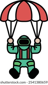 A cartoon of a man in a green suit holding an umbrella. The man is wearing a helmet and is holding the umbrella in a way that it looks like he is about to jump out of it. The image has a playful