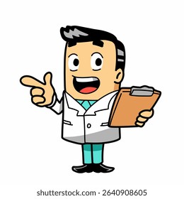 A cartoon man in green surgeon uniform and white lab coat holding a board, he is pointing his finger and open his mouth, explaining