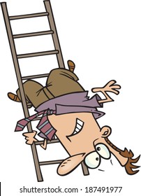 cartoon man hanging upside down from a ladder