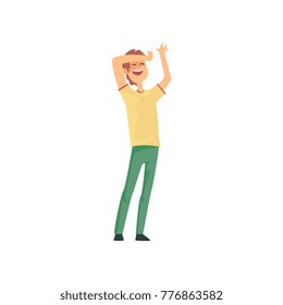 Cartoon man with happy face expression holding his hand on his forehead. Successful young guy with brown hair wearing yellow t-shirt and green pants. Flat vector illustration