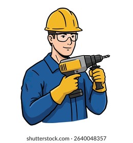 Cartoon Man Hard Hat Holding Drillet Construction Worker Builder Animated Character