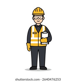 Cartoon Man Hard Hat Holding Clipboard Foreman Supervisor Project Manager Animated