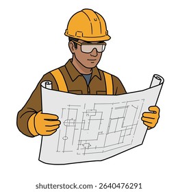 Cartoon Man Hard Hat Holding Blueprint Architect Engineer Design Animated