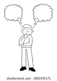 Cartoon man has two different opinions, vector illustration. Black outlined and white colored.