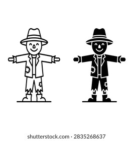 Cartoon Man with Hat Icon Set: Black and White Male Character Symbols in Standing Pose with Open Arms – Perfect for People, Avatar, and Casual Fashion Concepts.

