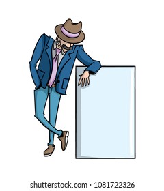 Cartoon man with hat leaning on a blank space