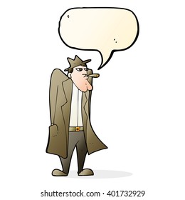 cartoon man in hat and trench coat with speech bubble