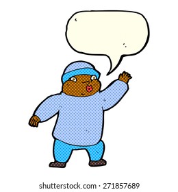 cartoon man in hat waving with speech bubble