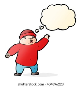cartoon man in hat waving with thought bubble