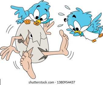 Cartoon man hatching from an egg with surprised blue birds around vector illustration