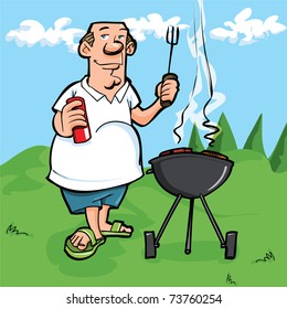 Cartoon of man having a BBQ. He is outside on the grass with blue sky behind him