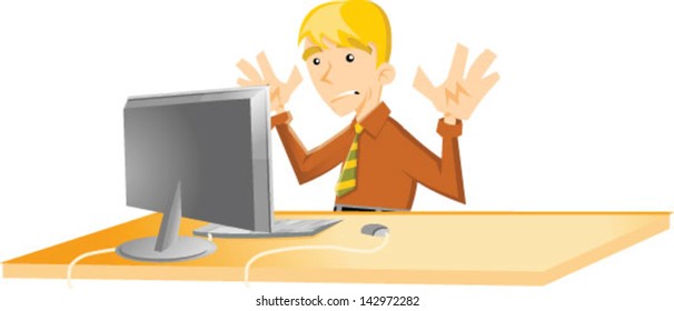 Cartoon man having computer issues - Vector clip art illustration on white background