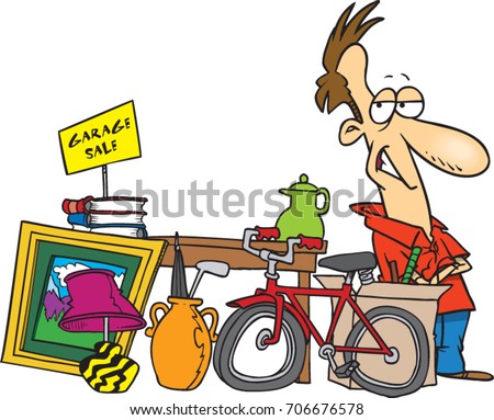 cartoon man having a garage sale with items for sale