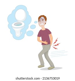 Caricatura de un hombre con dolor de estómago en necesidad de retrete, caricatura de ilustración vectorial
