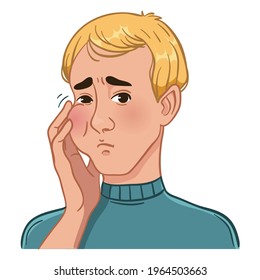 Cartoon man having a teeth pain and touching a swollen cheek, vector image