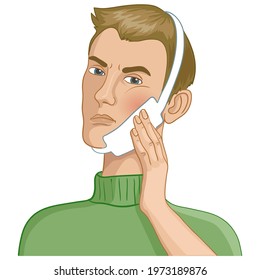 Cartoon man having a teeth pain and touching a swollen cheek, vector image