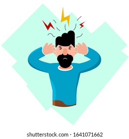 Cartoon man with headache. Upset guy with headache, stress, anger. Closeup vector illustration of businessman suffering from head migraine.Concept for work stress, pain, frustration, suffer, confused.