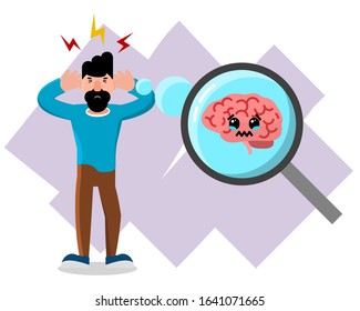 Cartoon man with headache. Vector illustration. Upset guy with headache, brain injury or stress. Office worker suffering from head migraine, Concept for work stress, pain, frustration, confused.