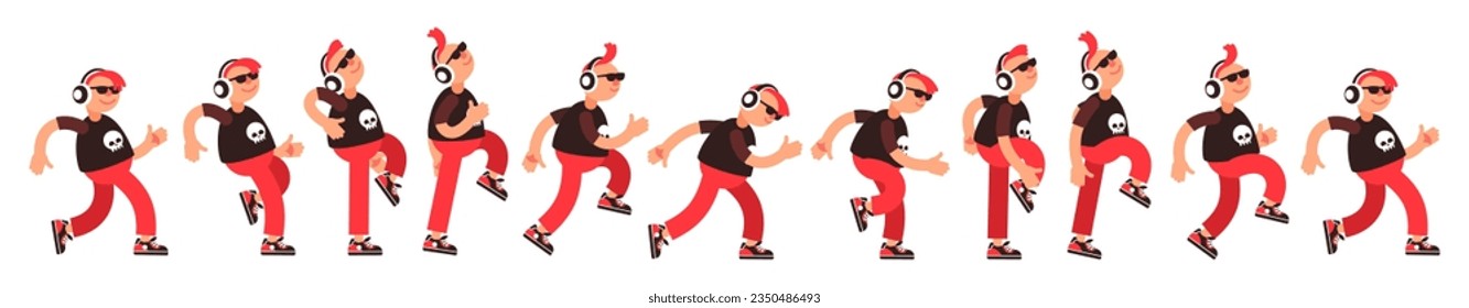 Cartoon man in headphones cheerfully walks to the music - a sequence of positions. Walking music lover frames for animation. Vector illustration.