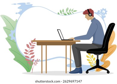 Hombre de dibujos animados con auriculares trabajando en la computadora portátil
