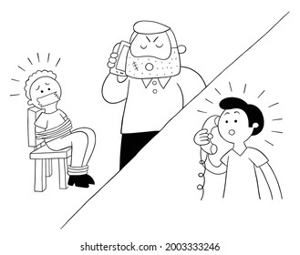 Cartoon Man Held Hostage And Ransom Demanded By Phone, Vector Illustration. Black Outlined And White Colored.