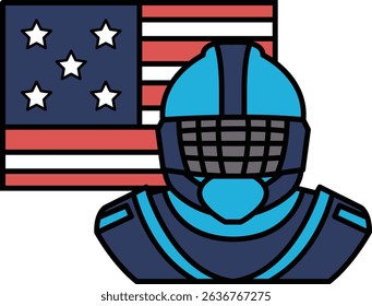 A cartoon of a man in a helmet with the American flag behind him. The man is wearing a blue helmet and the flag is red, white and blue