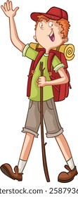 Cartoon man hiking with backpack. Man walking in nature.