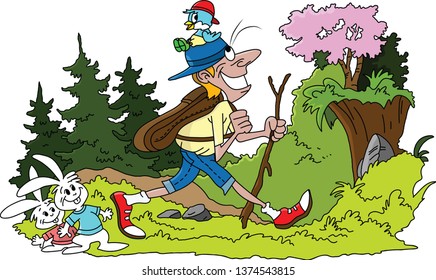 Cartoon man hiking in the forest vector illustration