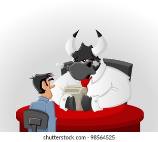 Cartoon man with his angry bull boss in office