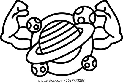 A cartoon of a man with his arms raised and a planet in the background. The planet is surrounded by a bunch of smaller planets