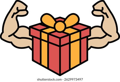 A cartoon of a man with his arms raised and a box in front of him. The box is red and yellow and has a bow on it. The man's arms are so strong that they are lifting the box