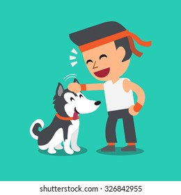 Cartoon a man with his siberian husky dog