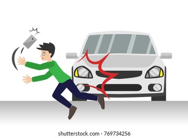 cartoon a man hit by a car while using mobile phone. vector