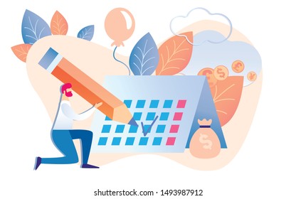 Cartoon Man Hold Pencil Check Calendar Date Vector Illustration. Money Bag with Dollar Sign. Sucessful Project Finish. Financial Reward Task Completion. Working Process Schedule Management