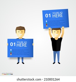 Cartoon man holding advertising placard. Vector illustration