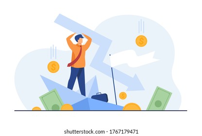 Cartoon man holding arrow falling down isolated flat vector illustration. Tiny businessman during business failure and company problem. Bankruptcy and financial crisis concept