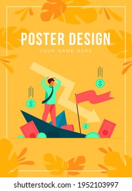 Cartoon man holding arrow falling down isolated flat vector illustration. Tiny businessman during business failure and company problem. Bankruptcy and financial crisis concept