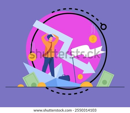 Cartoon man holding arrow falling down isolated flat vector illustration. Tiny businessman during business failure and company problem. Bankruptcy and financial crisis concept