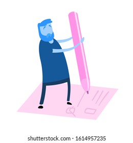Cartoon man holding big pencil to complete checklist with tick marks. Cartoon design icon. Flat vector illustration. Isolated on white background.