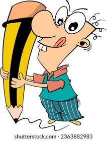 cartoon man holding a big pencil vector illustration.