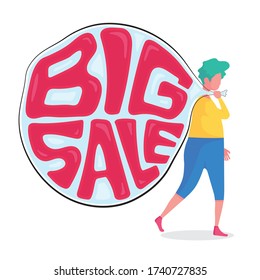 A cartoon of man holding a big shopping bag after doing online shopping on big sale day